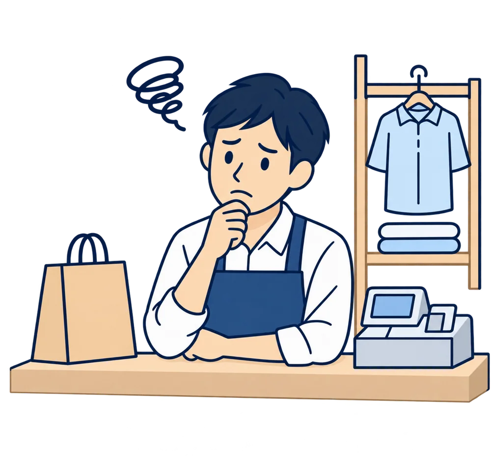 レジの前で考え込む小売店の店主