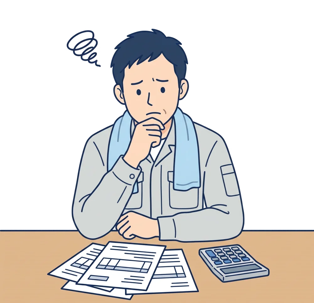 請求書の山を前に頭を抱える建設関係の職人