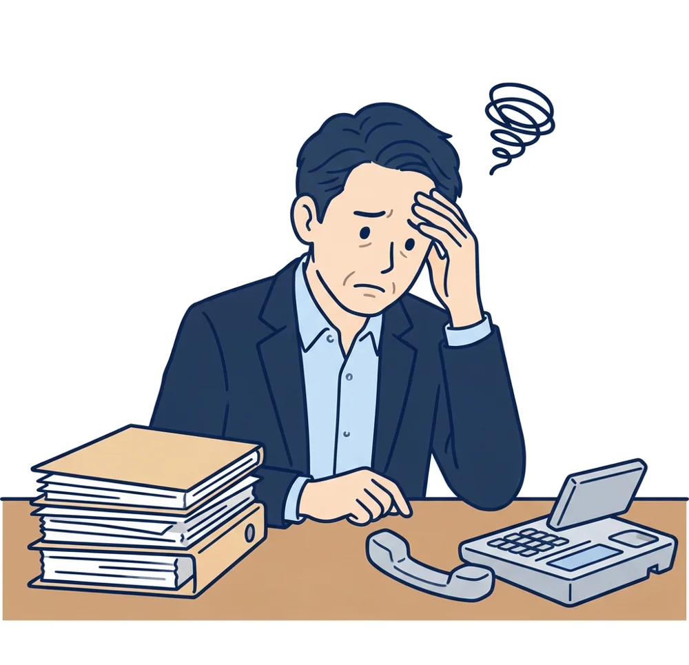 書類の山と受話器を前に頭を押さえる会社の社長