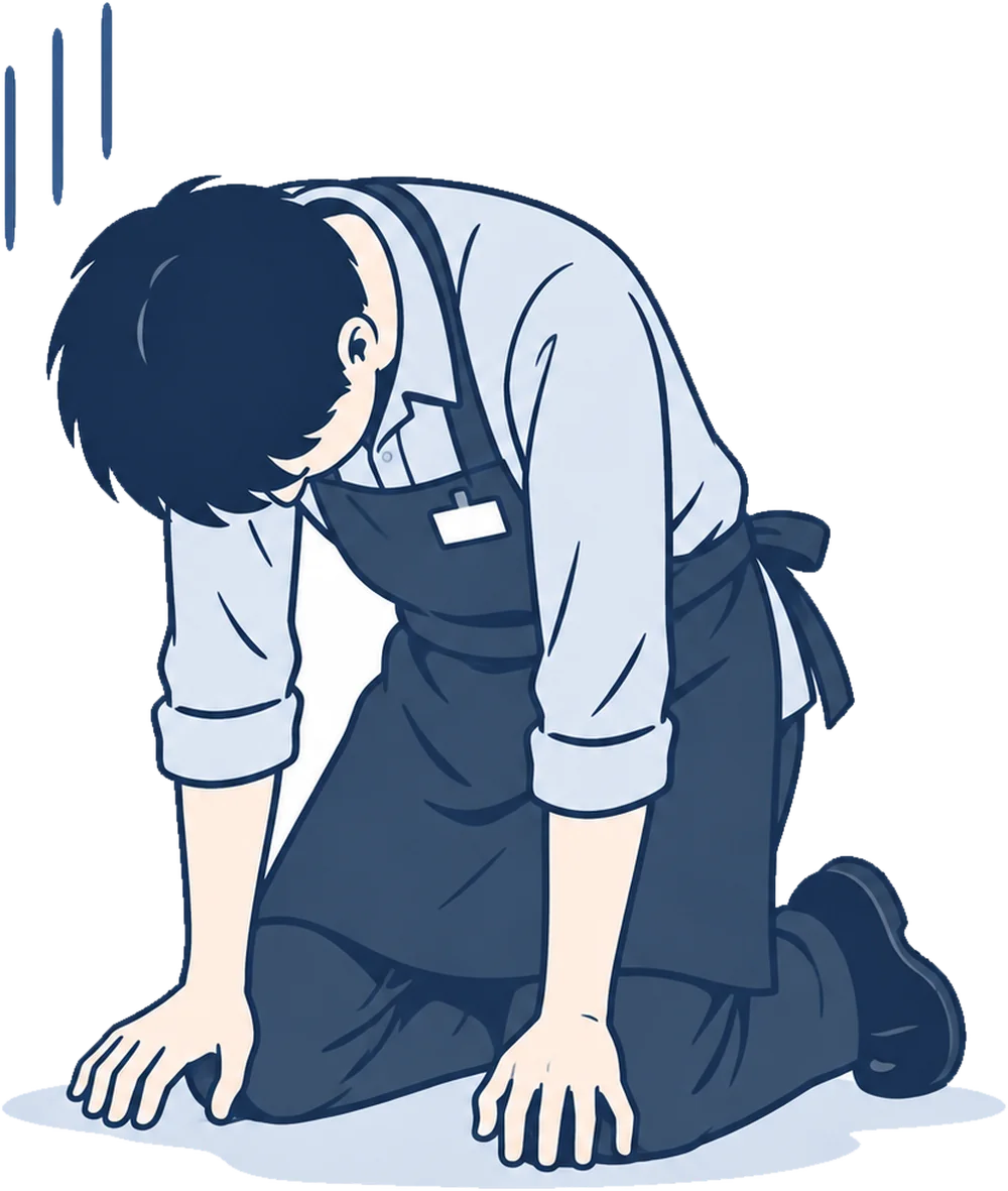 床に手をつき、うなだれる店主