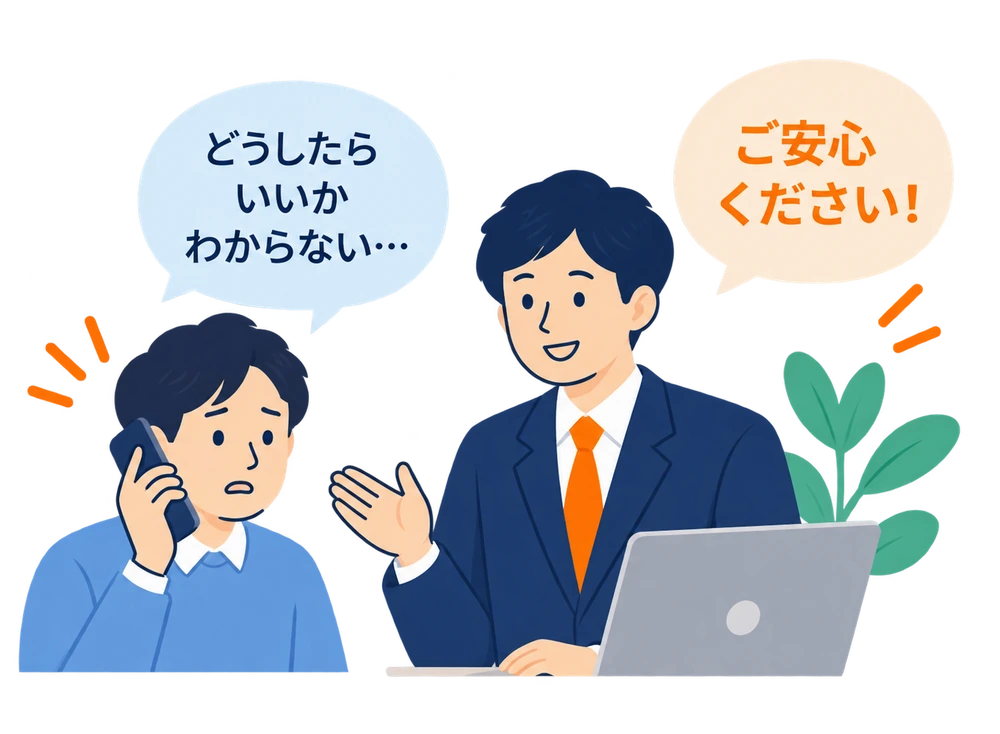 「どうしたらいいかわからない」と電話する事業主と、「ご安心ください」と答える税理士