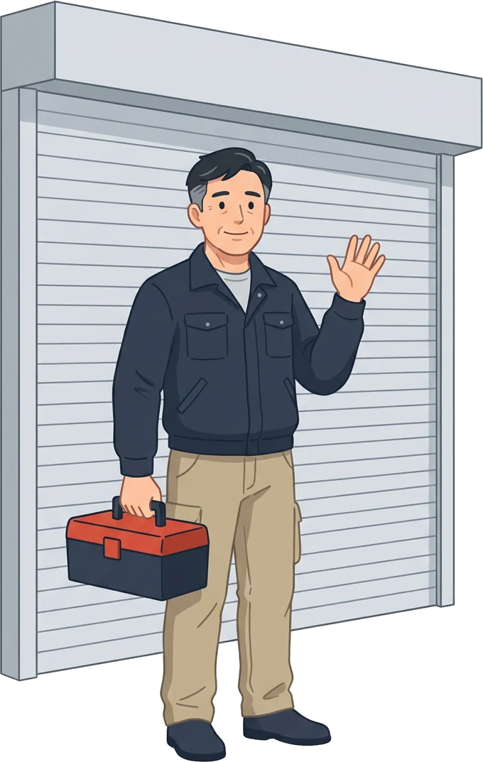 仕事を終えて、工具箱を持って手を振る職人