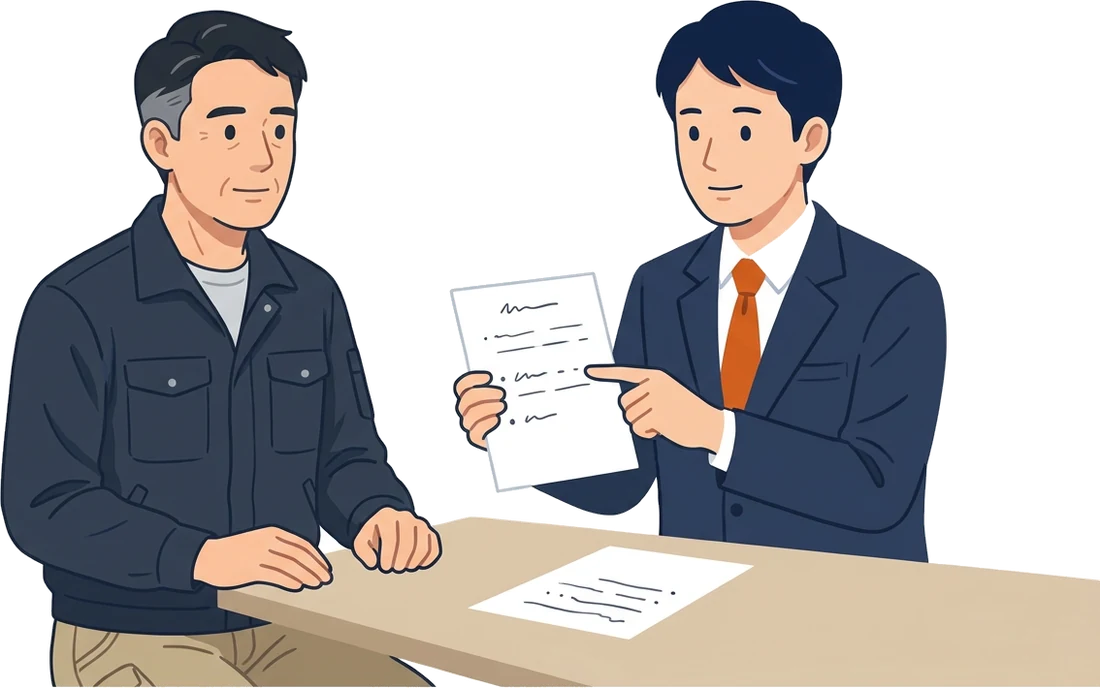 一枚のメモを指さして調査官に説明する税理士と、隣で聞いている職人