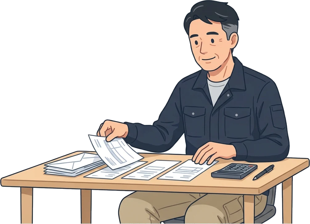封筒から請求書を出して机に並べる職人