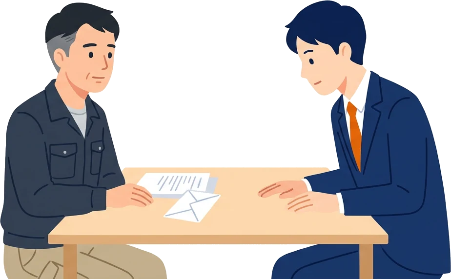 机を挟んで、職人の話を聞く税理士