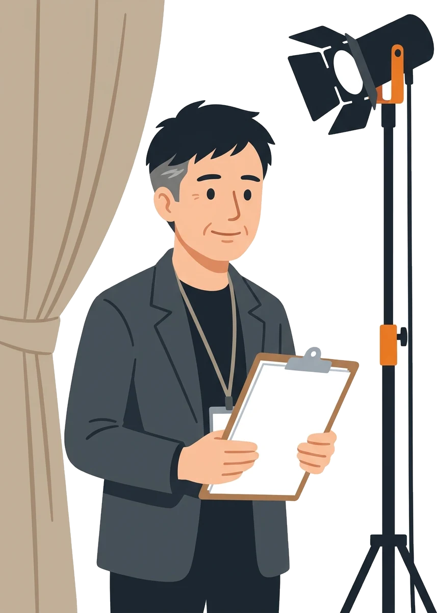 会場のそでで、少しほっとした顔の社長