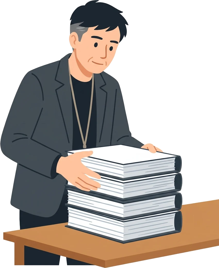 決算書の束を机に置く社長