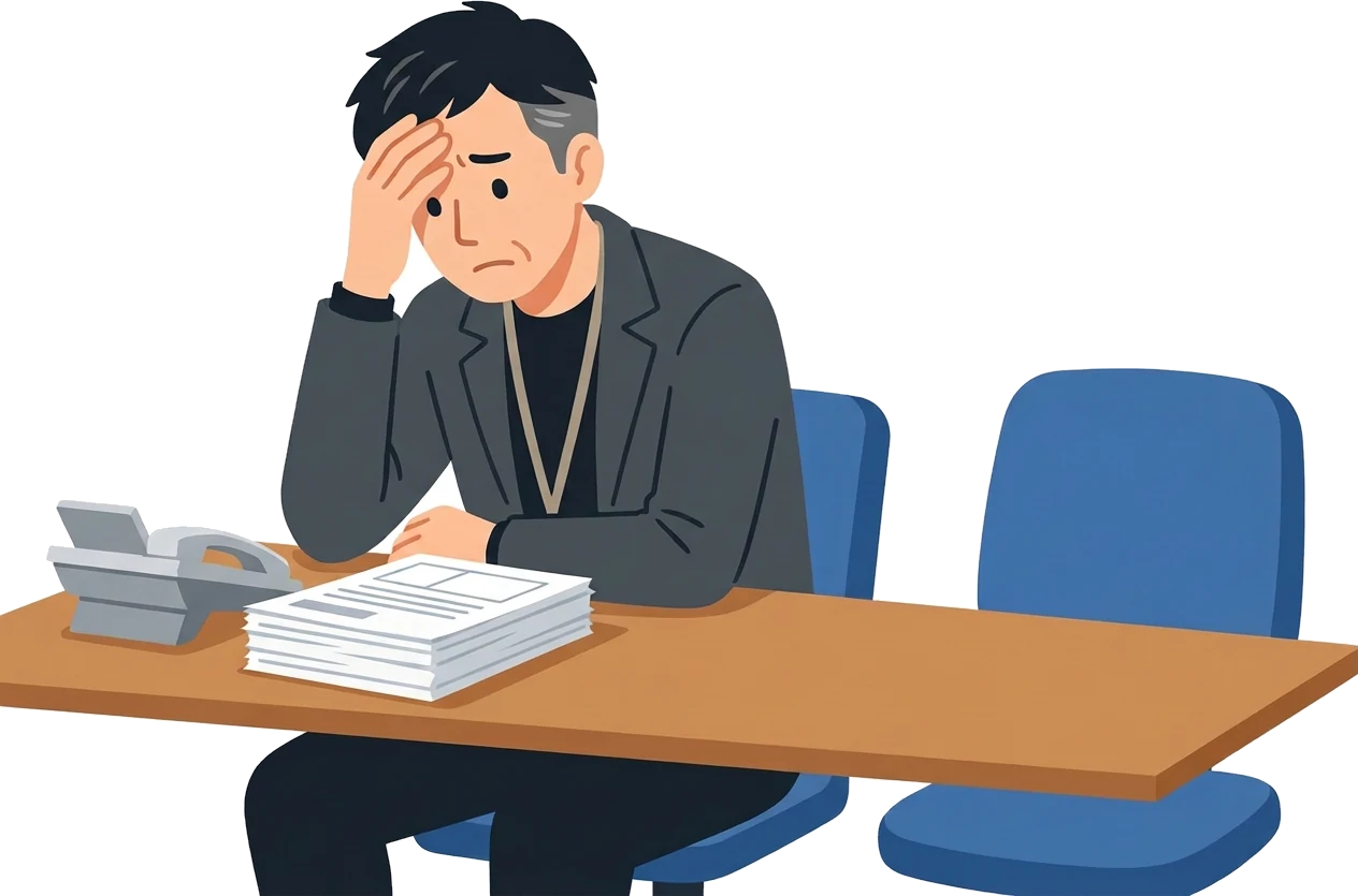 書類の山と電話を前に、一人で頭を抱える社長