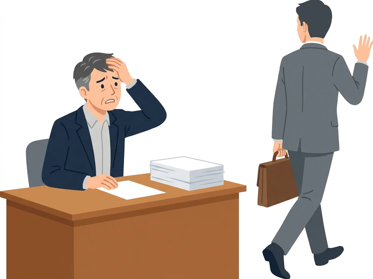 机で頭を抱える社長と、かばんを持って背を向けて去っていく顧問税理士