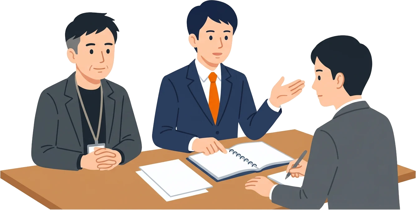 決算書を示して調査官に説明する税理士と、隣で聞く社長