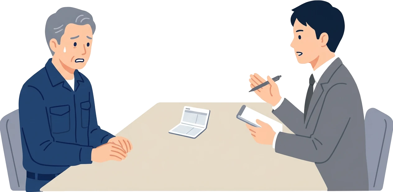 机をはさんで、調査官の質問に一人で答えている事業主
