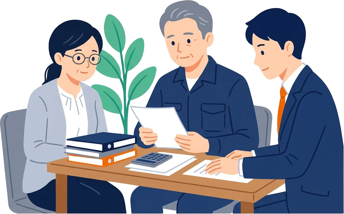 机で顧問税理士に書類を見せながら相談している事業主