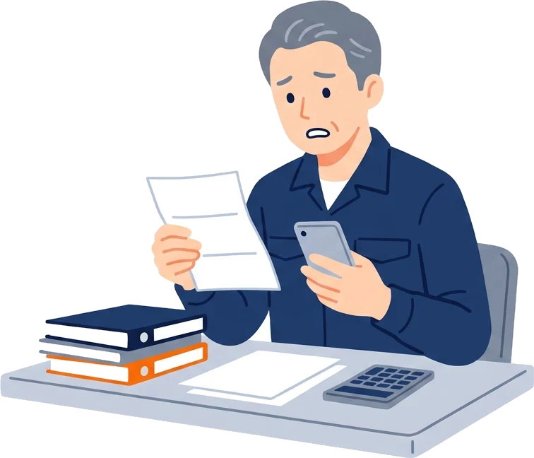 税務署からの書類とスマホを前に、困っている事業主