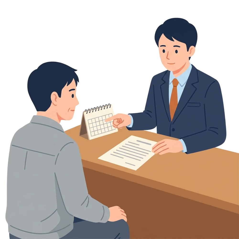 税務署の窓口で、カレンダーを見ながら支払い方を相談している事業主