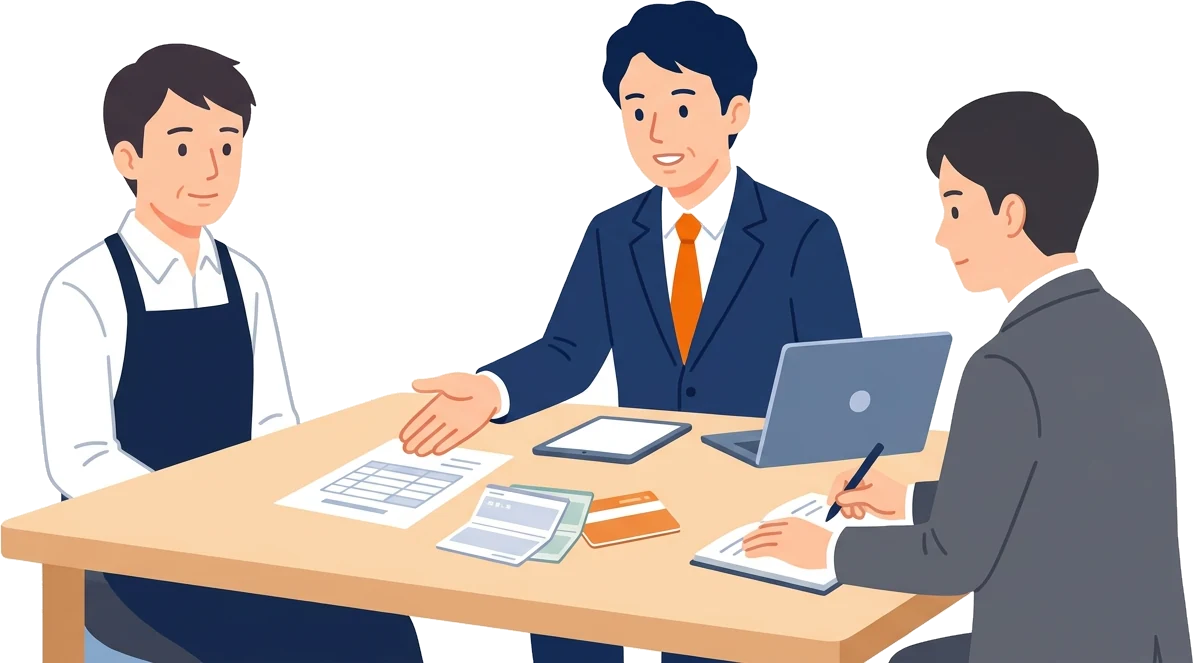 机を挟んで、店主と税理士が調査官に通帳と一覧表を示している