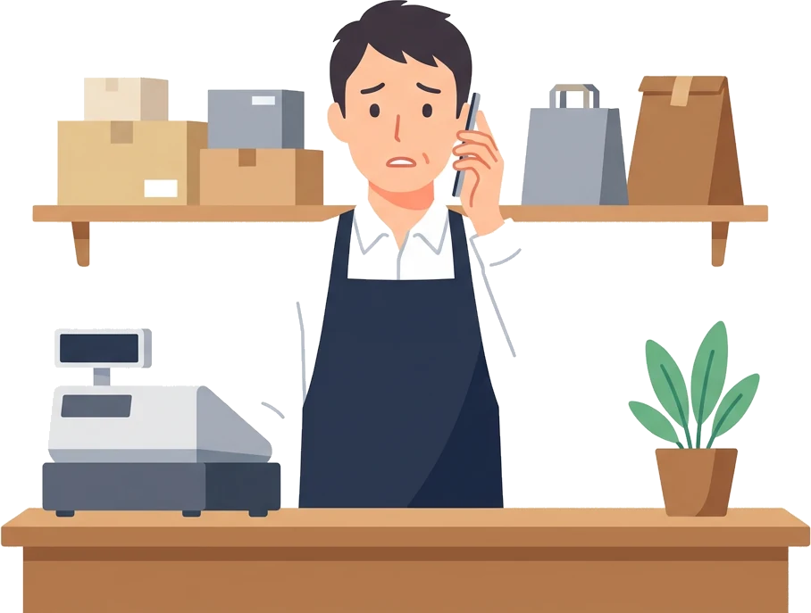 店のレジの前で、税務署からの電話を受けて困っている店主
