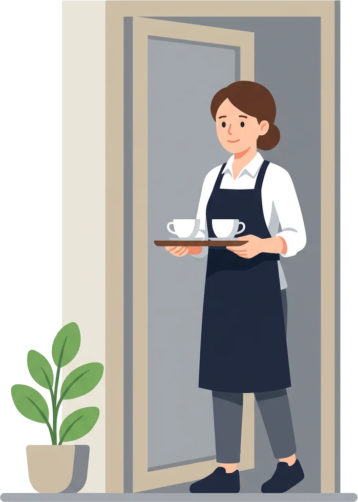 トレーにコーヒーを乗せて、お店の入口に立つカフェ店主