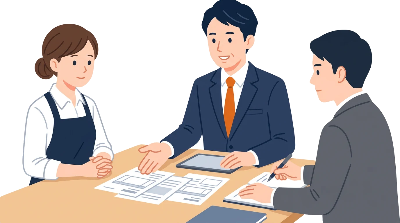 机を挟んで、カフェ店主と税理士が調査官に明細を見せて説明している