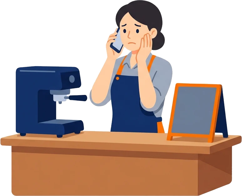 カフェのカウンターで、税務署からの電話を受けて困っている店主