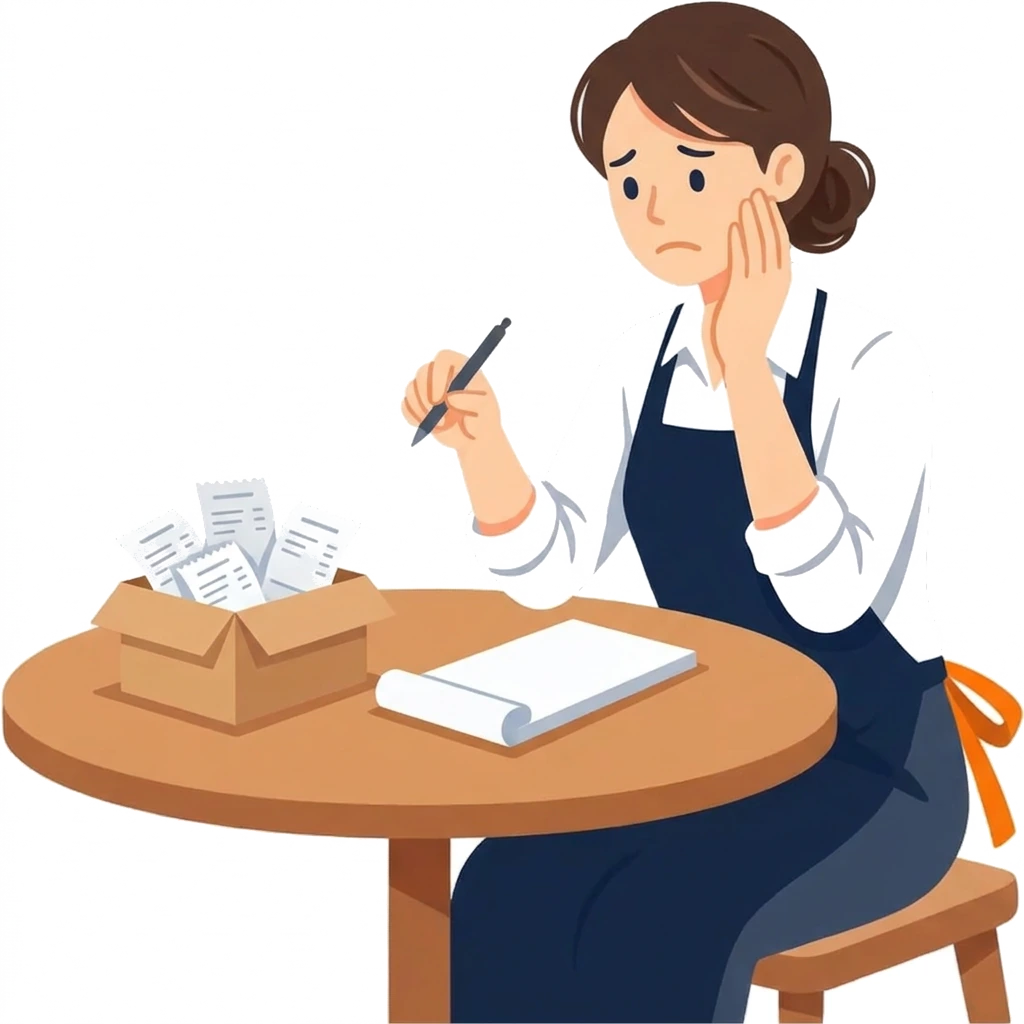 白紙の領収書を前に、ペンを止めて迷うカフェの店主