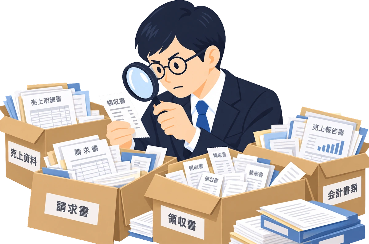 売上資料・請求書・領収書の箱を、虫眼鏡で確かめる調査官