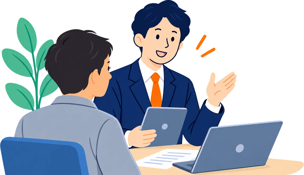 税理士が事業主に、タブレットを見せながら説明している